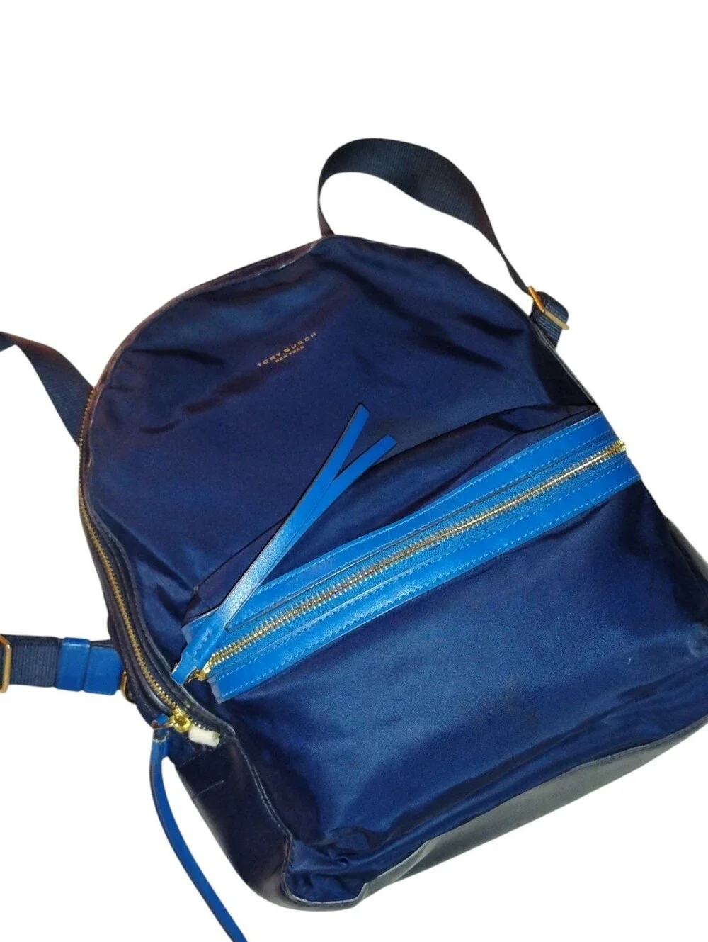 Tory Burch Perry Nylon Colorblock Zip Backpack in Royal Navy and Cobalt Blue.